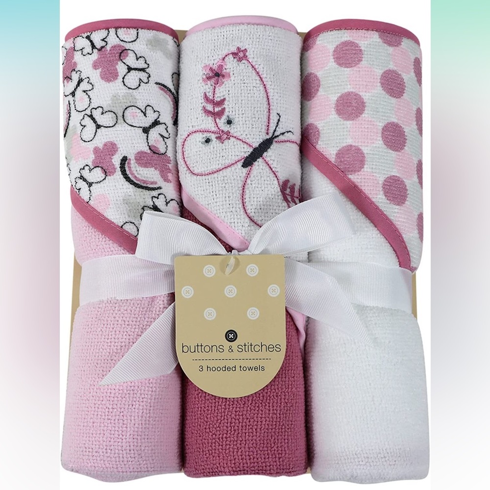 Cudlie Baby Girl 3 Pack Hooded Towels Butterfly & Polka Dot Print